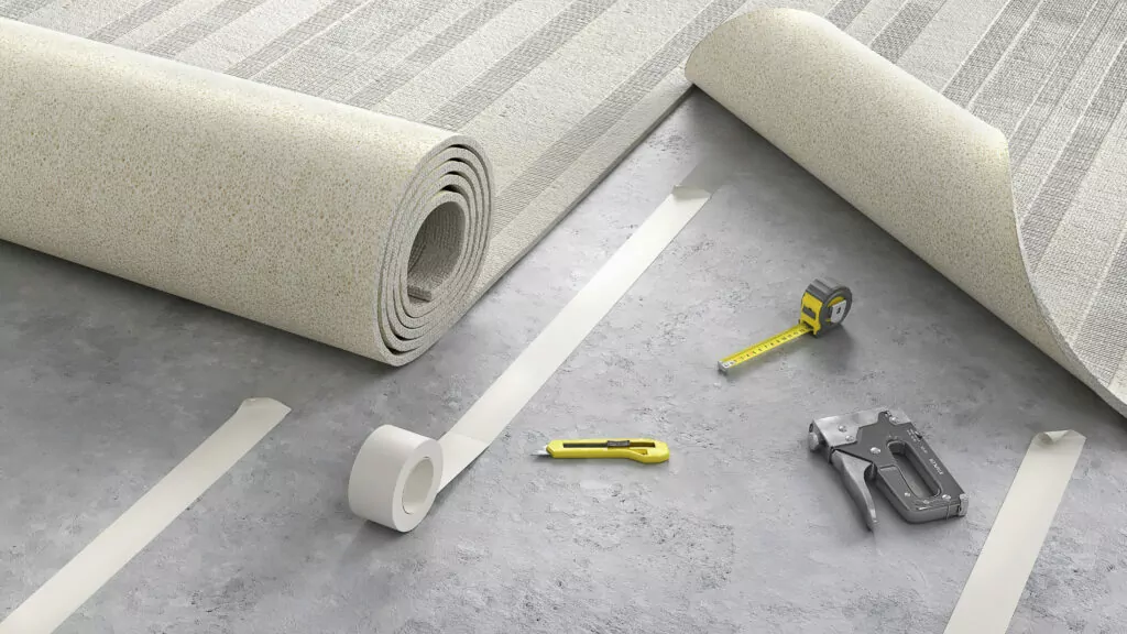 Process of laying cozy beige carpet on floor