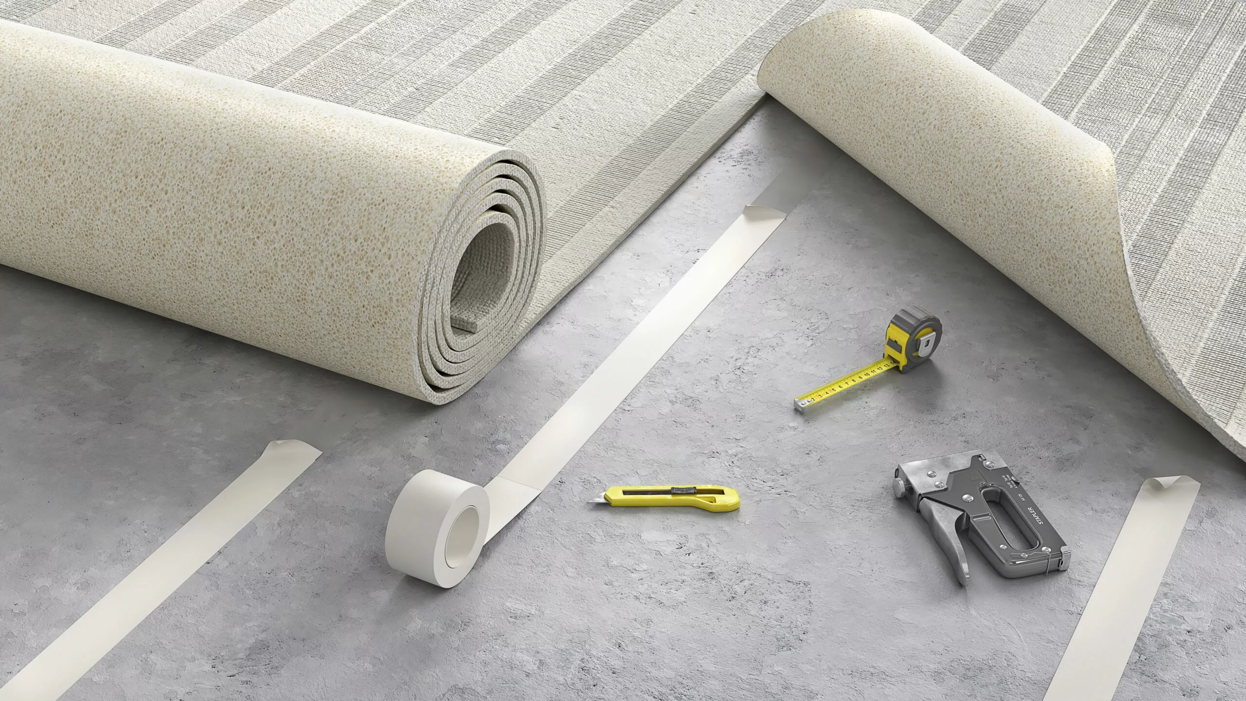 Process of laying cozy beige carpet on floor